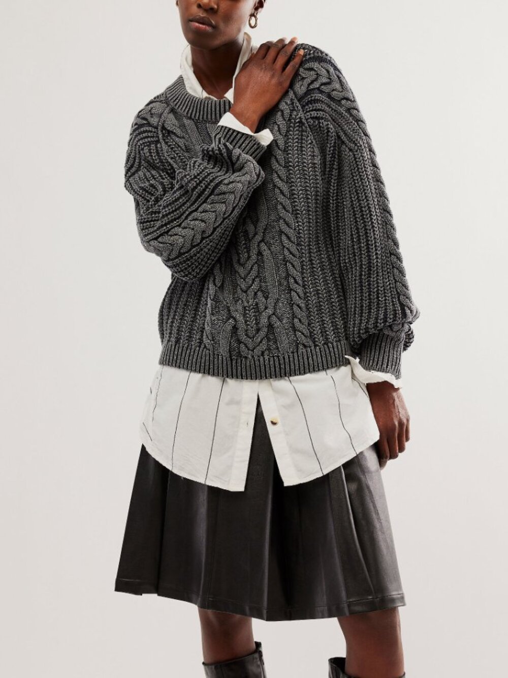 🆕 FREE PEOPLE Frankie Cable Knit Cotton Sweater / Black - Picture 10 of 14